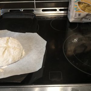 The dough is ready to slide into the hot dutch oven.